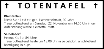 Anzeige von Totentafel vom 21.11.2014 von MGO