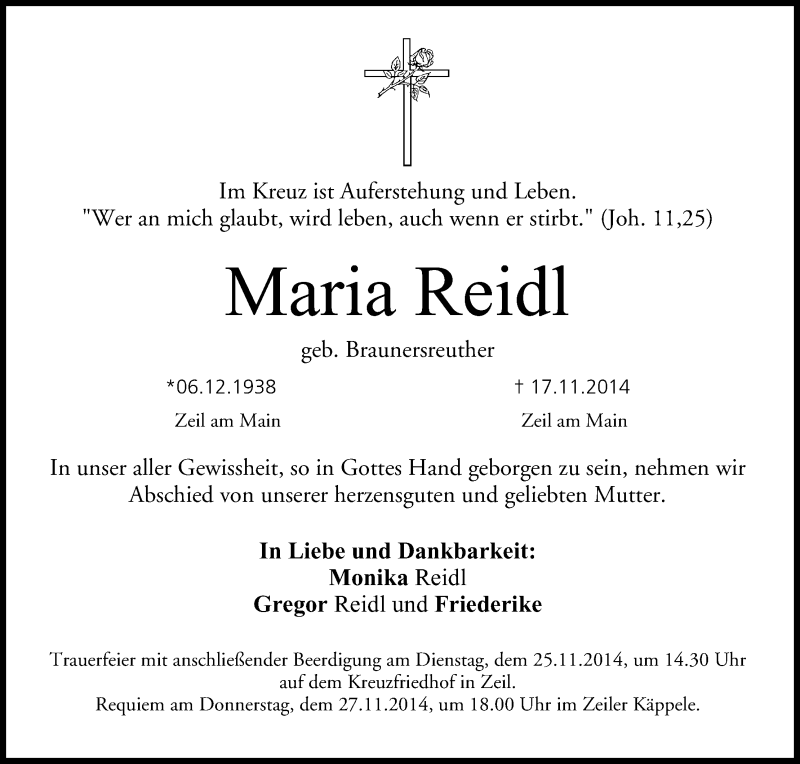  Traueranzeige für Maria Reidl vom 21.11.2014 aus MGO