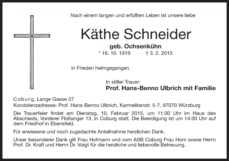  Traueranzeige für Kthe Schneider vom 07.02.2015 aus MGO