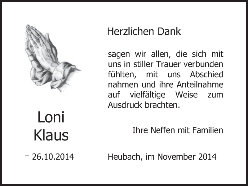  Traueranzeige für Loni Klaus vom 22.11.2014 aus MGO
