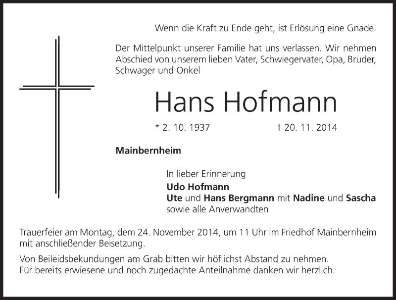  Traueranzeige für Hans Hofmann vom 21.11.2014 aus MGO