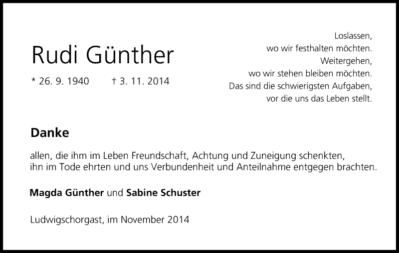  Traueranzeige für Rudi Günther vom 22.11.2014 aus MGO