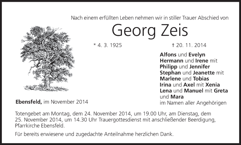  Traueranzeige für Georg Zeis vom 22.11.2014 aus MGO