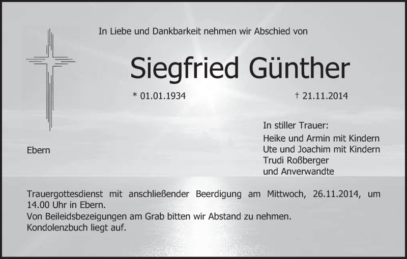  Traueranzeige für Siegfried Günther vom 24.11.2014 aus MGO