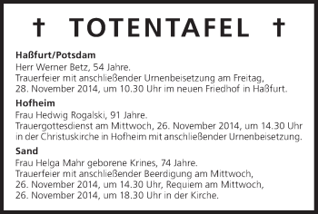 Anzeige von Totentafel vom 25.11.2014 von MGO