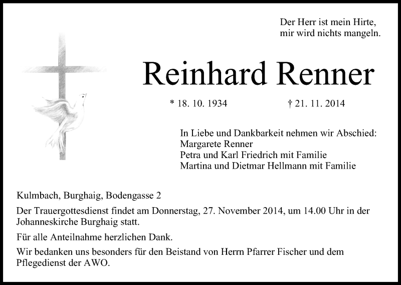  Traueranzeige für Reinhard Renner vom 25.11.2014 aus MGO