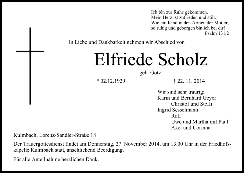  Traueranzeige für Elfriede Scholz vom 25.11.2014 aus MGO