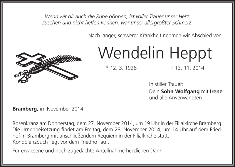  Traueranzeige für Wendelin Heppt vom 26.11.2014 aus MGO