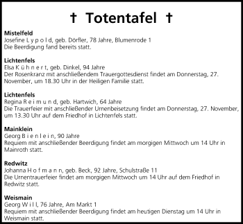 Anzeige von Totentafel vom 25.11.2014 von MGO