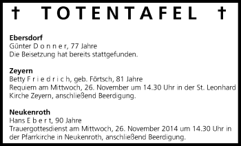 Anzeige von Totentafel vom 25.11.2014 von MGO