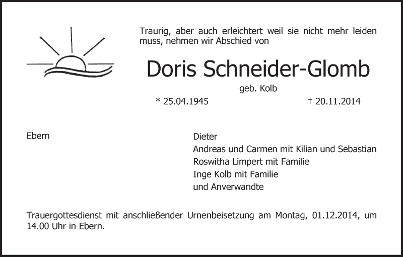  Traueranzeige für Doris Schneider-Glomb vom 28.11.2014 aus MGO