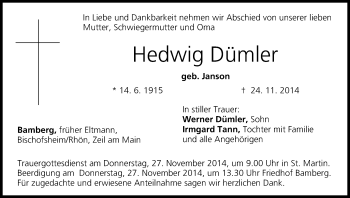 Anzeige von Hedwig Dümler von MGO