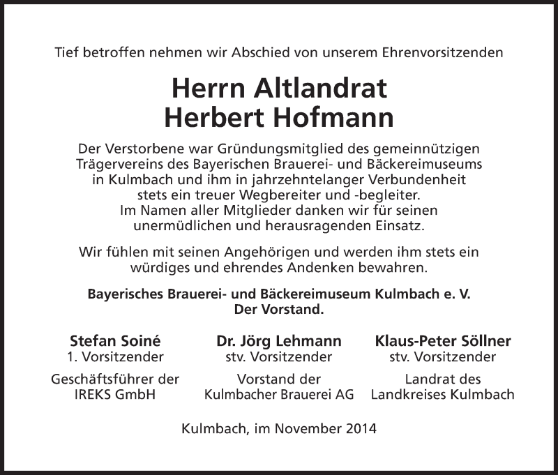  Traueranzeige für Herbert Hofmann vom 26.11.2014 aus MGO