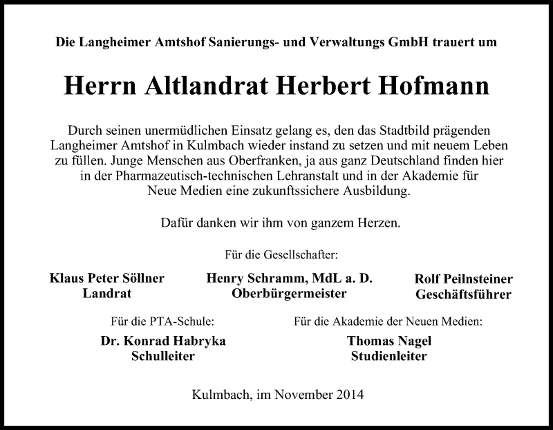  Traueranzeige für Herbert Hofmann vom 26.11.2014 aus MGO