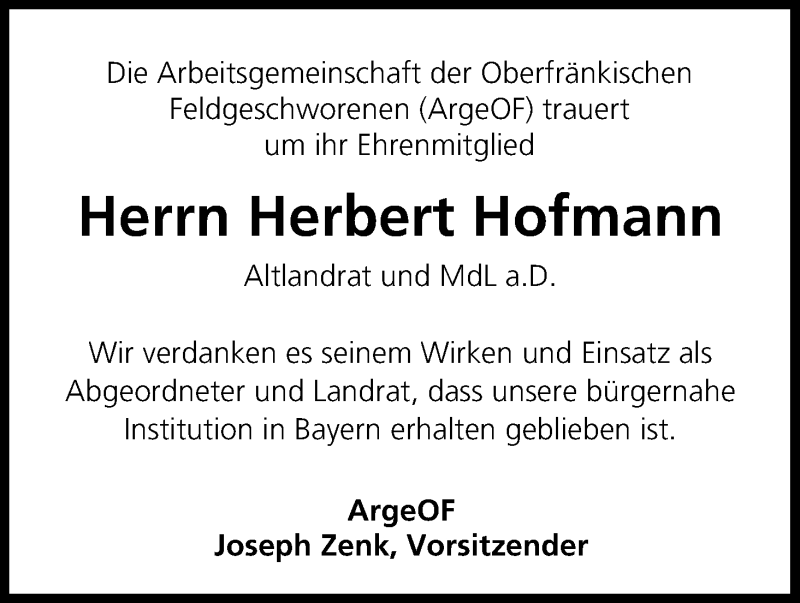 Traueranzeige für Herbert Hofmann vom 26.11.2014 aus MGO