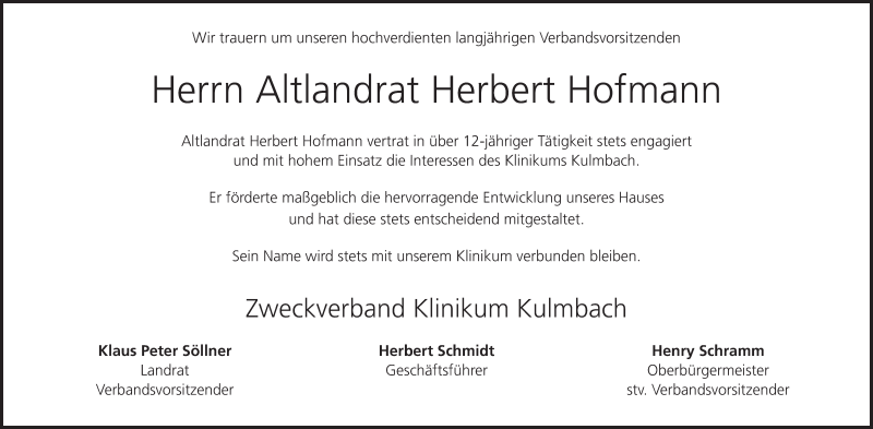  Traueranzeige für Herbert Hofmann vom 26.11.2014 aus MGO