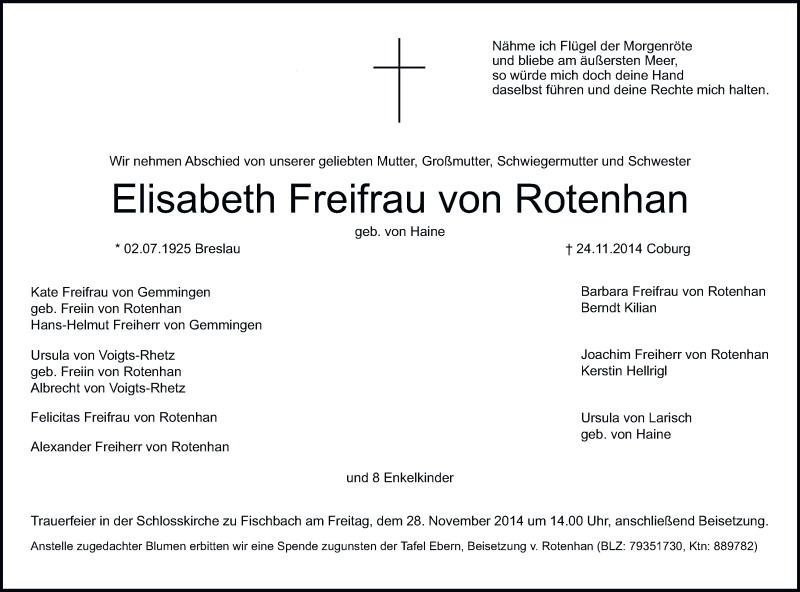  Traueranzeige für Elisabeth Freifrau von Rotenhan vom 26.11.2014 aus MGO