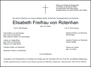 Anzeige von Elisabeth Freifrau von Rotenhan von MGO