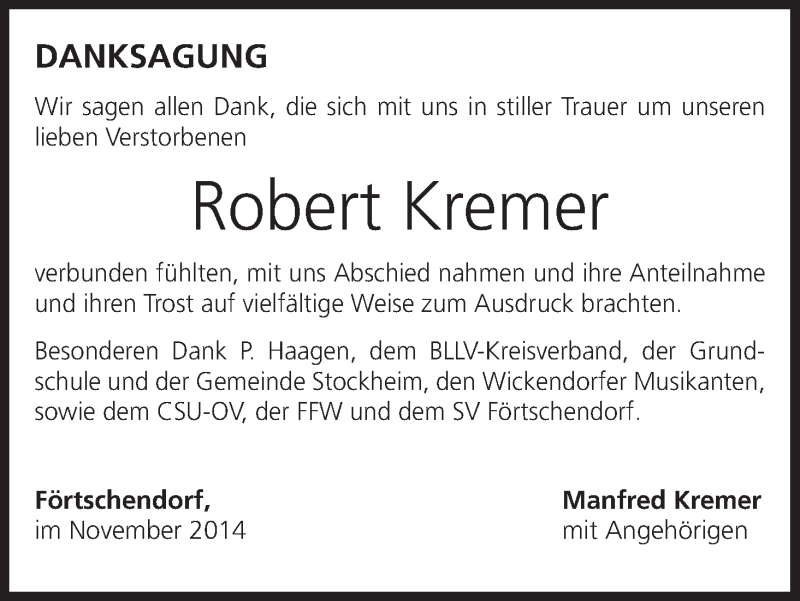  Traueranzeige für Robert Kremer vom 29.11.2014 aus MGO