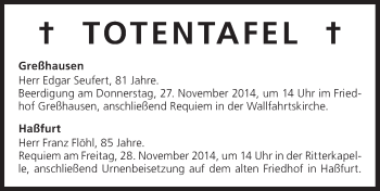 Anzeige von Totentafel vom 27.11.2014 von MGO