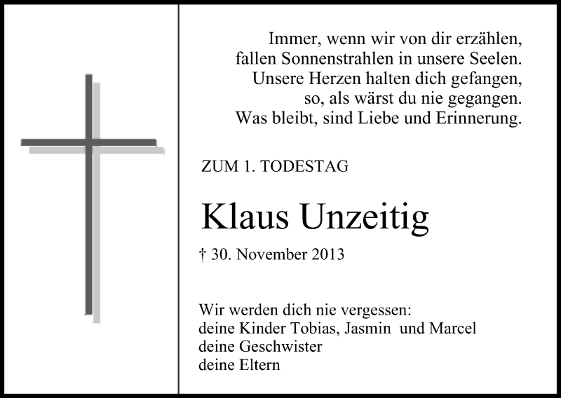  Traueranzeige für Klaus Unzeitig vom 29.11.2014 aus MGO