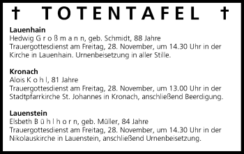 Anzeige von Totentafel vom 27.11.2014 von MGO