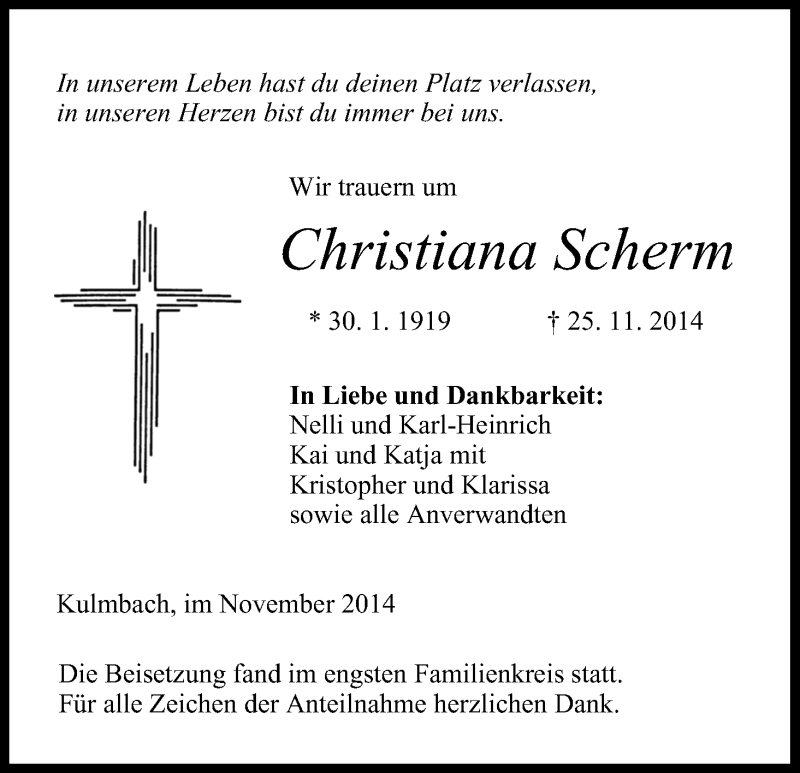  Traueranzeige für Christiana Scherm vom 01.12.2014 aus MGO
