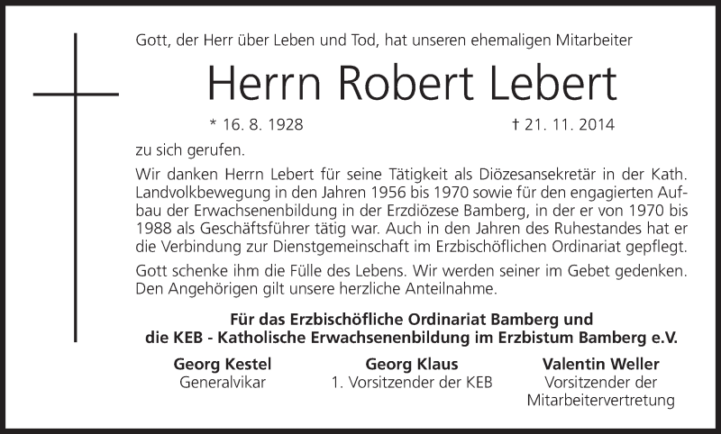  Traueranzeige für Robert Lebert vom 29.11.2014 aus MGO