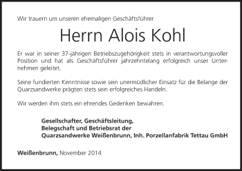 Anzeige von Alois Kohl von MGO