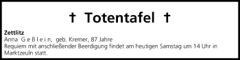 Anzeige von Totentafel vom 29.11.2014 von MGO