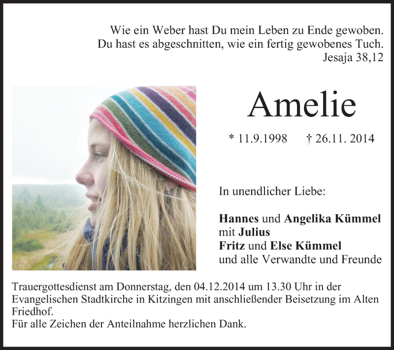  Traueranzeige für Amelie  vom 29.11.2014 aus MGO