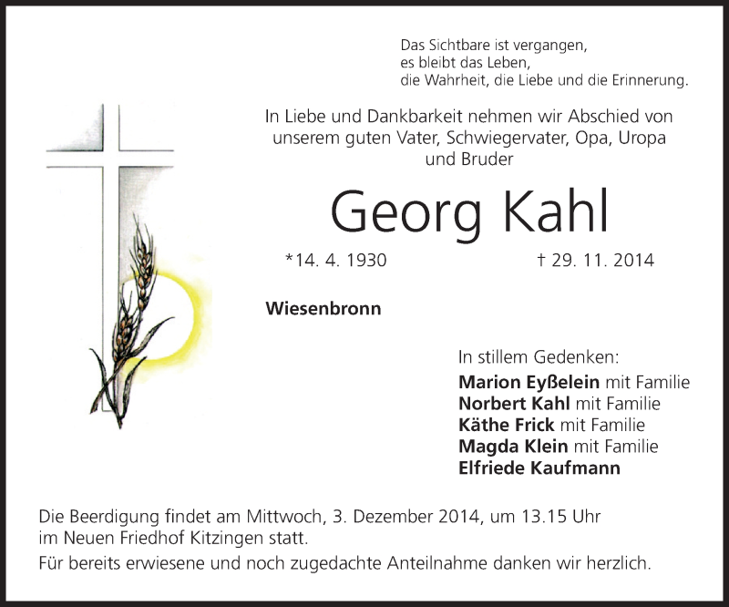  Traueranzeige für Georg Kahl vom 01.12.2014 aus MGO