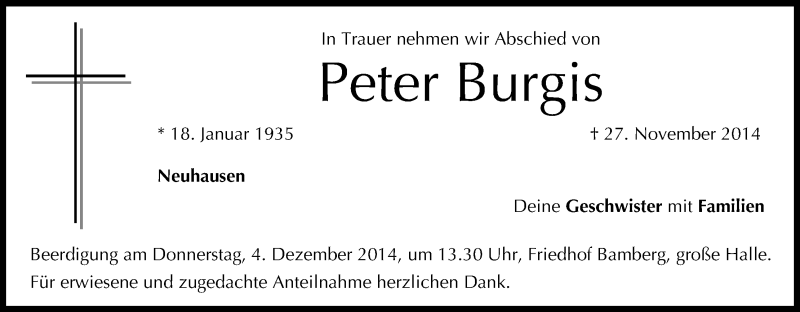  Traueranzeige für Peter Burgis vom 02.12.2014 aus MGO
