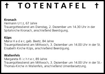 Anzeige von Totentafel vom 02.12.2014 von MGO