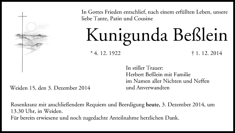  Traueranzeige für Kunigunda Beßlein vom 03.12.2014 aus MGO