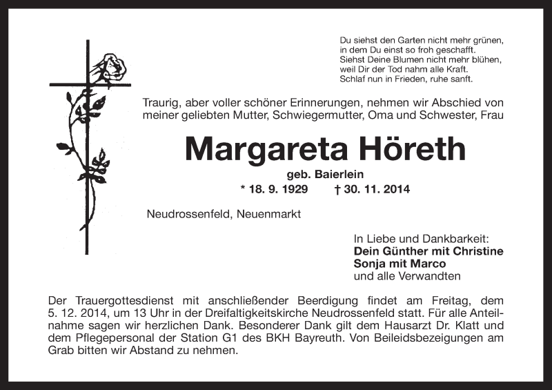  Traueranzeige für Margareta Höreth vom 03.12.2014 aus MGO