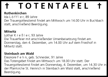 Anzeige von Totentafel vom 03.12.2014 von MGO