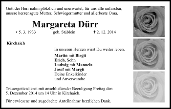 Anzeige von Margareta Dürr von MGO