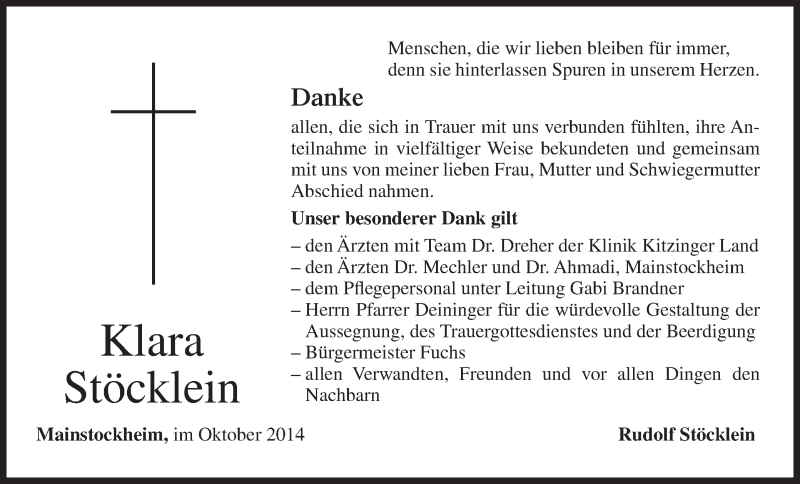  Traueranzeige für Klara Stöcklein vom 06.12.2014 aus MGO