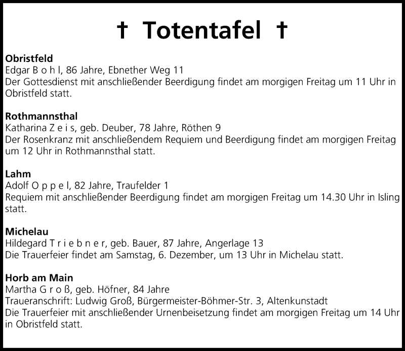  Traueranzeige für Totentafel vom 04.12.2014 vom 04.12.2014 aus MGO