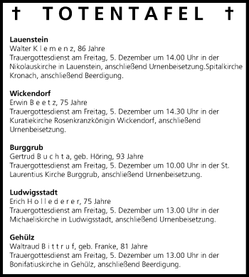 Anzeige von Totentafel vom 04.12.2014 von MGO