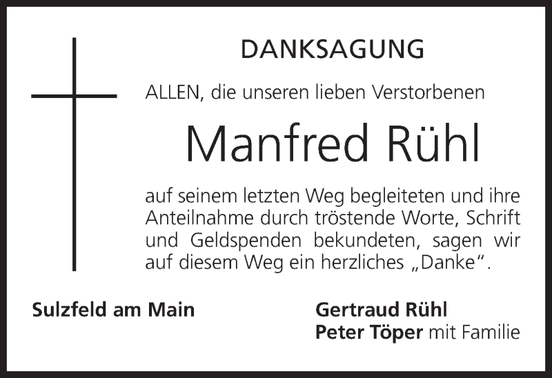  Traueranzeige für Manfred Rühl vom 06.12.2014 aus MGO