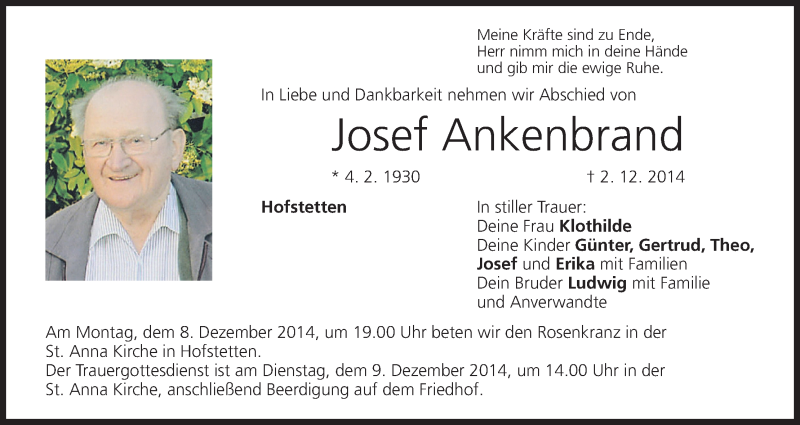  Traueranzeige für Josef Ankenbrand vom 06.12.2014 aus MGO