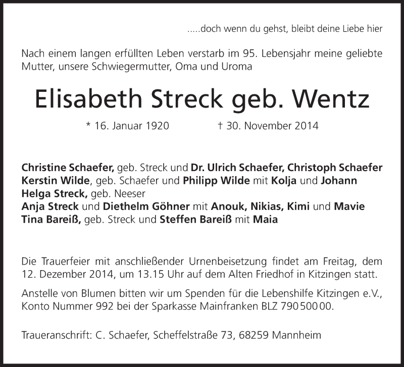  Traueranzeige für Elisabeth Streck vom 06.12.2014 aus MGO