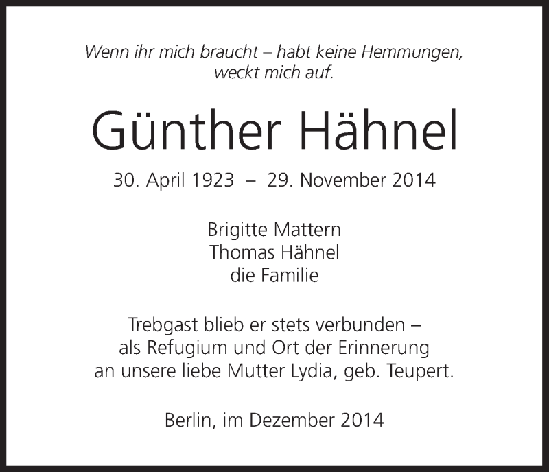  Traueranzeige für Günther Hähnel vom 06.12.2014 aus MGO