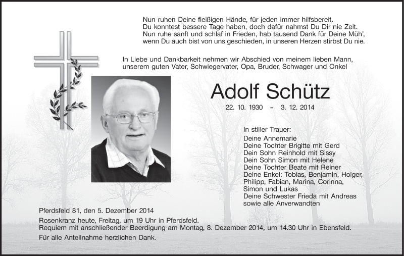  Traueranzeige für Adolf Schütz vom 05.12.2014 aus MGO