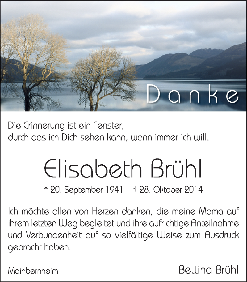  Traueranzeige für Elisabeth Brühl vom 06.12.2014 aus MGO