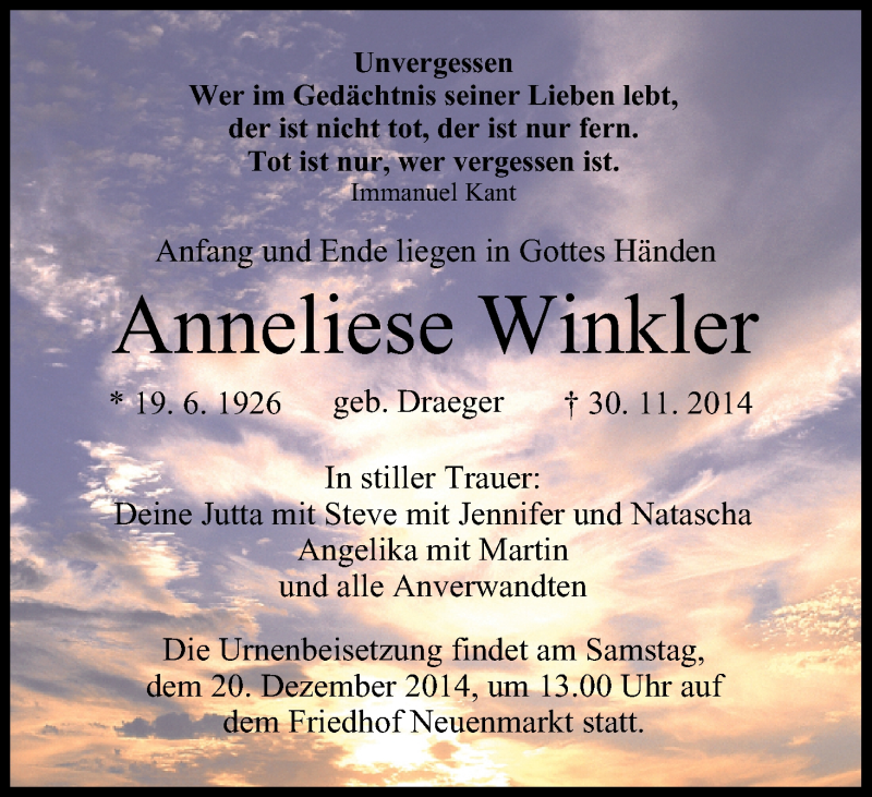  Traueranzeige für Anneliese Winkler vom 18.12.2014 aus MGO