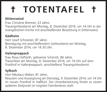 Anzeige von Totentafel 06.12.2014 von MGO