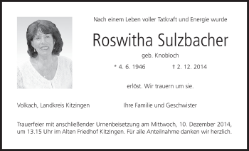 Anzeige von Roswitha Sulzbacher von MGO